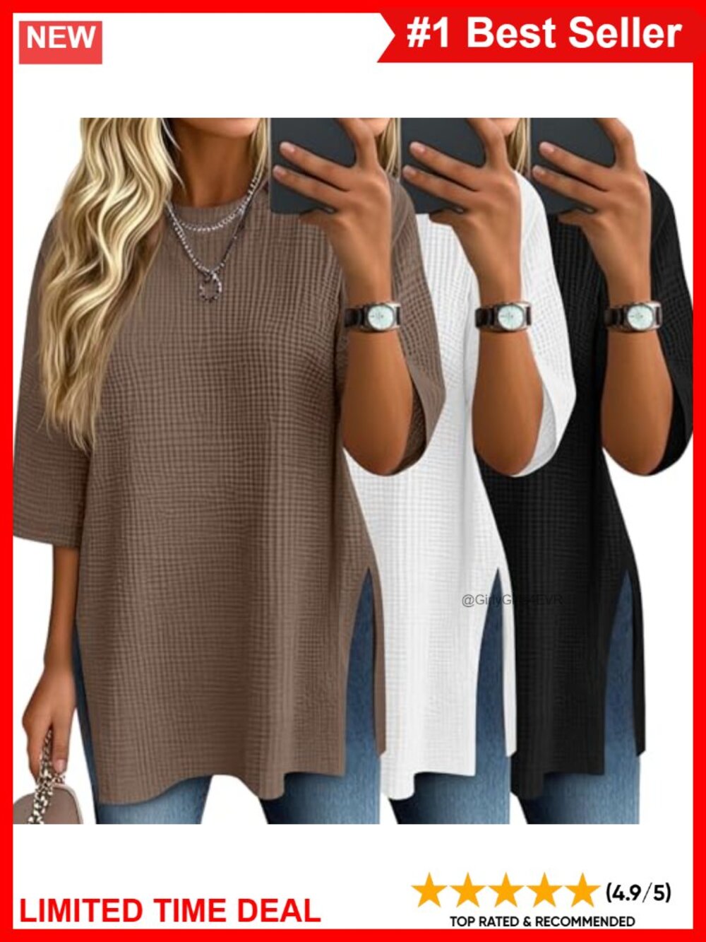 3 Pack Waffle Knit Tops 3/4 Sleeve Loose Fit Crew Neck Womens
